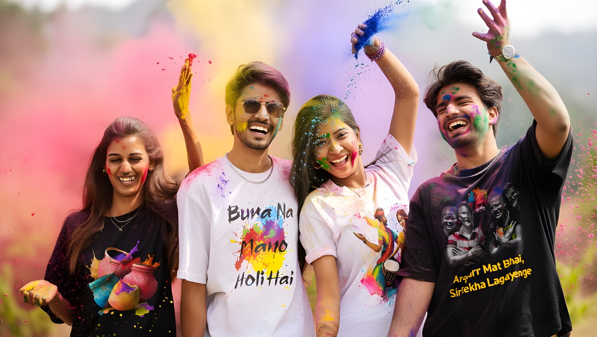 Friends wearing unique Holi tshirts at Holi party 2026